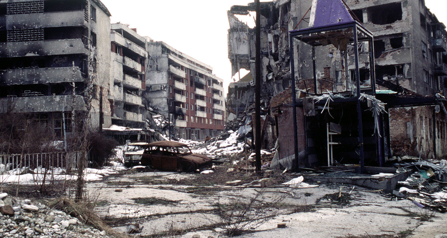 Ruins of buildings in Sarajevo during the war