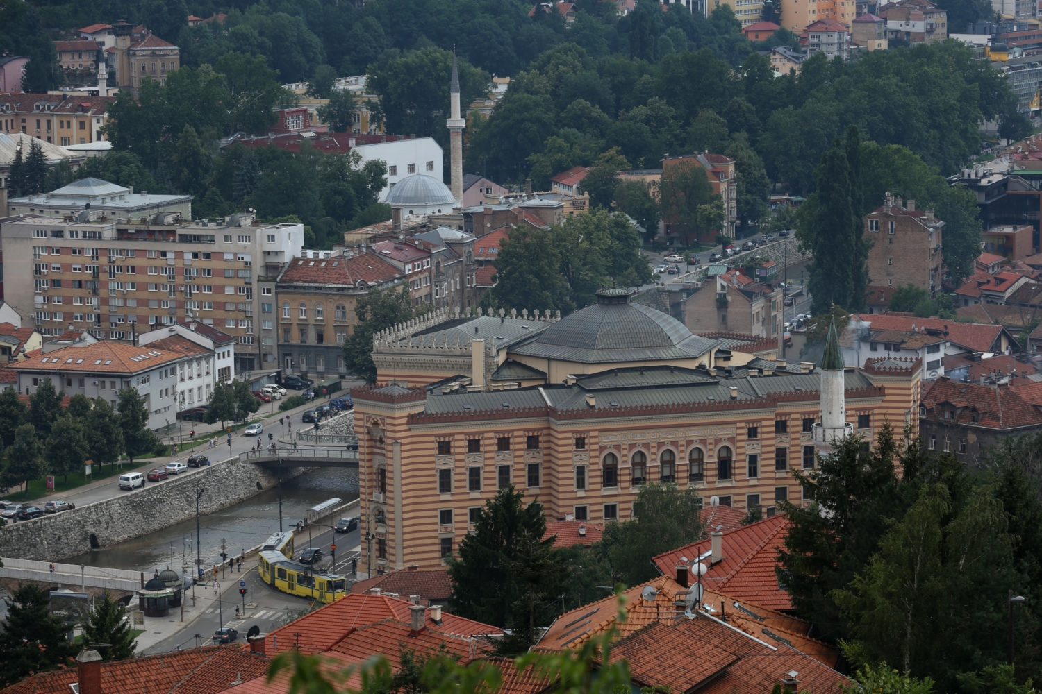 Panoramic view of Sarajevo with the Sarajevo City Hall (Vijećnica) prominently in the center