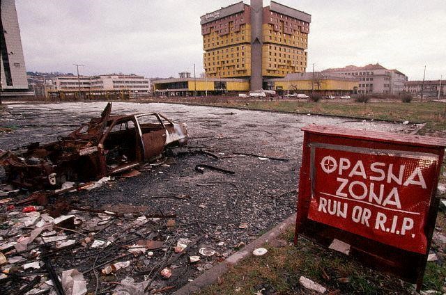 Destroyed Olympic Hotel Holiday Inn and streets in Sarajevo during the war