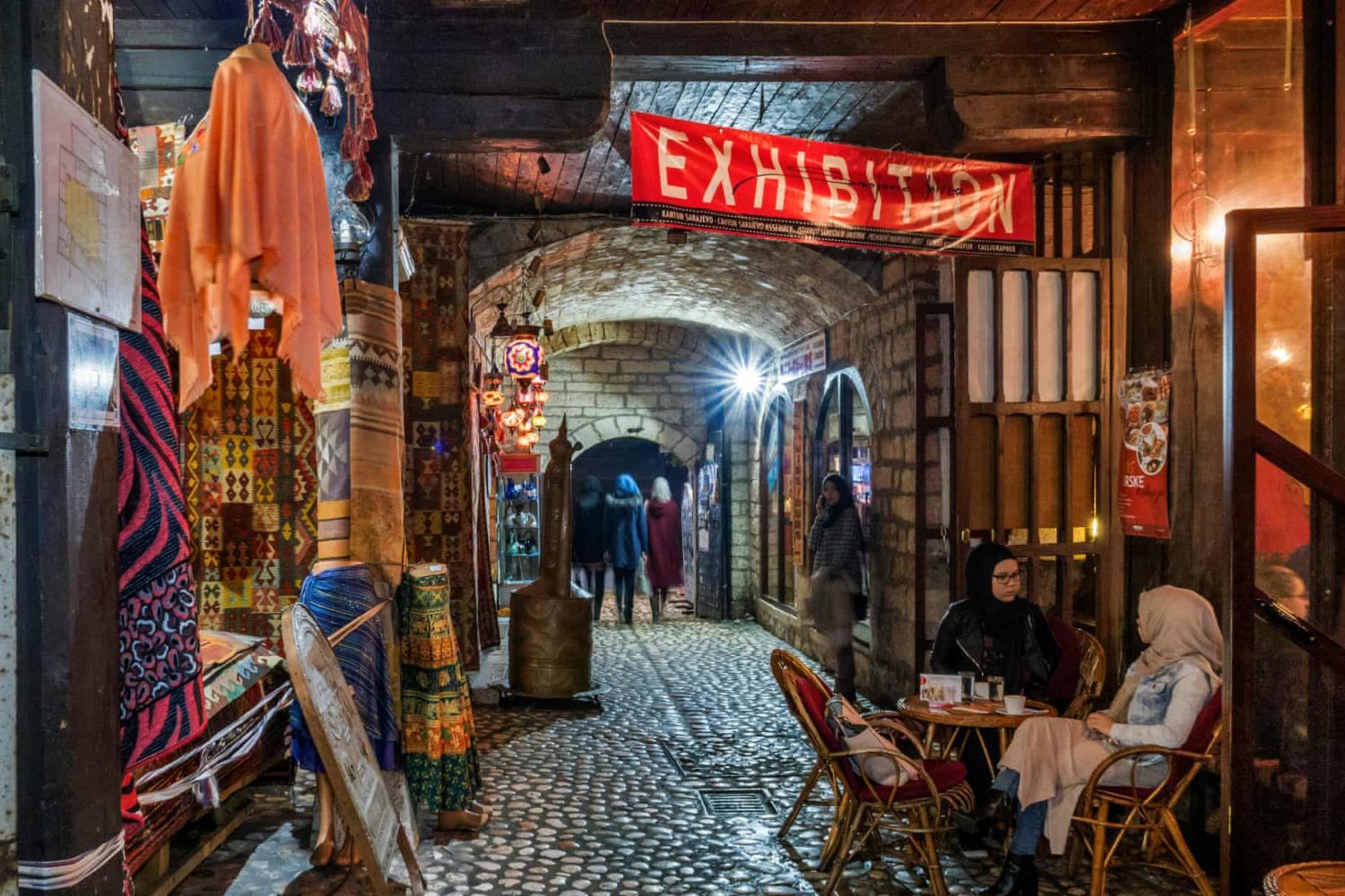 Entrance to Morića Han in Sarajevo with traditional crafts and a cozy café